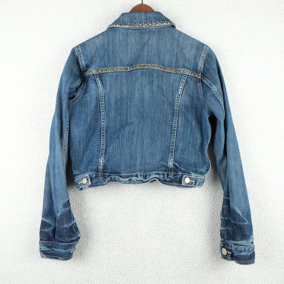 American Eagle Jean Jacket Girls Large Blue Cropped Studded Biker Rustic Denim - Picture 4 of 9